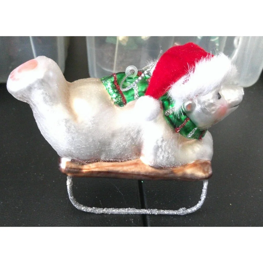 White Polar Bear Green‎ Scarf Sledding Glass Christmas Tree Holiday Ornament